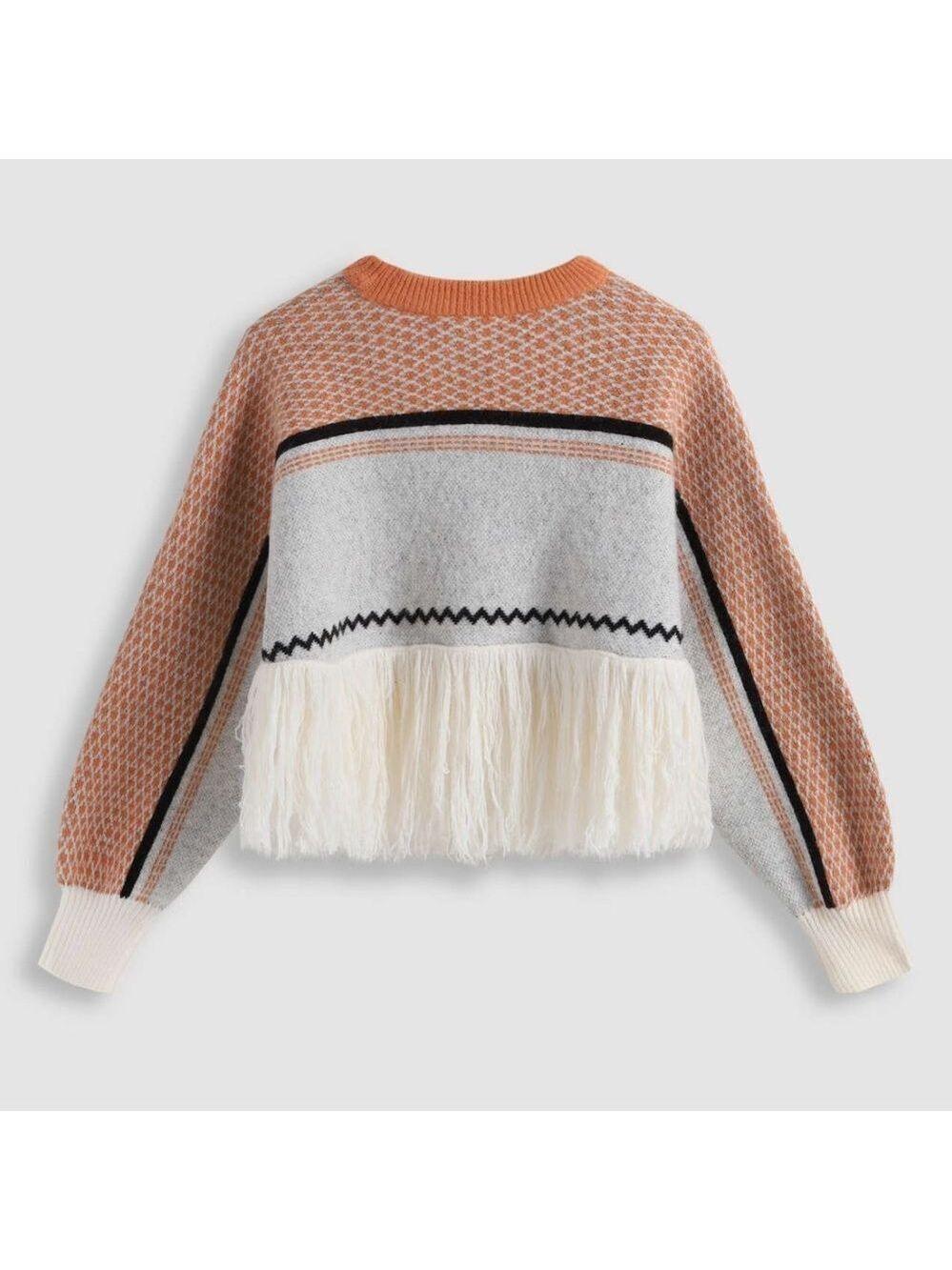 Cider Fringe Patchy Geometric Relaxed Fit Sweater
